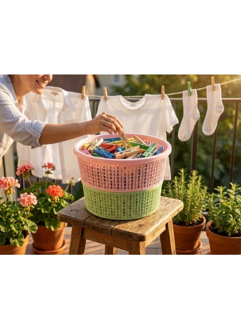 Round Plastic Clothespin & Storage Basket with Lid - Woven Design Multipurpose Organizer Bin - Pastel Green & Pink - Image 4